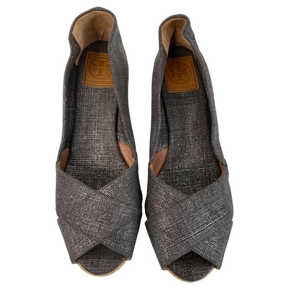 Tory Burch 11B Pewter Metallic Espadrille Wedge Heels Spain EUC 7968 Linen Peep - Picture 2 of 11